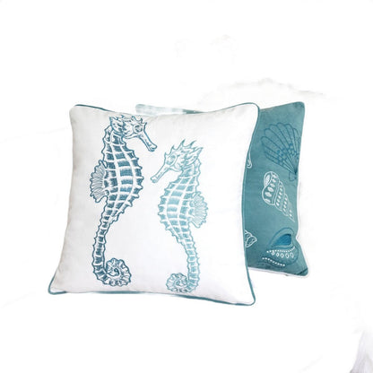 Meo Throw Pillow, Embroidered Seahorse, White Blue Velvet