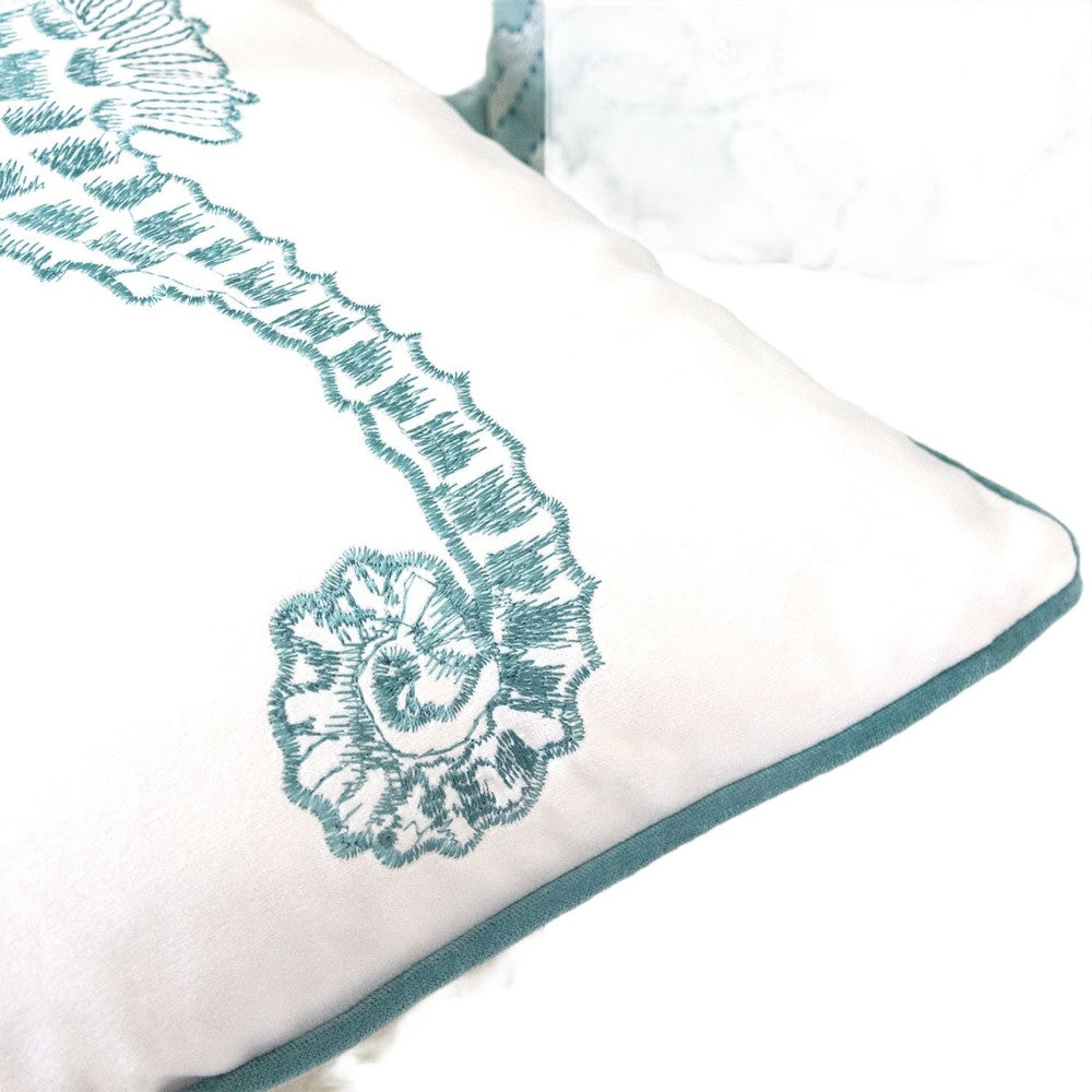 Meo Throw Pillow, Embroidered Seahorse, White Blue Velvet