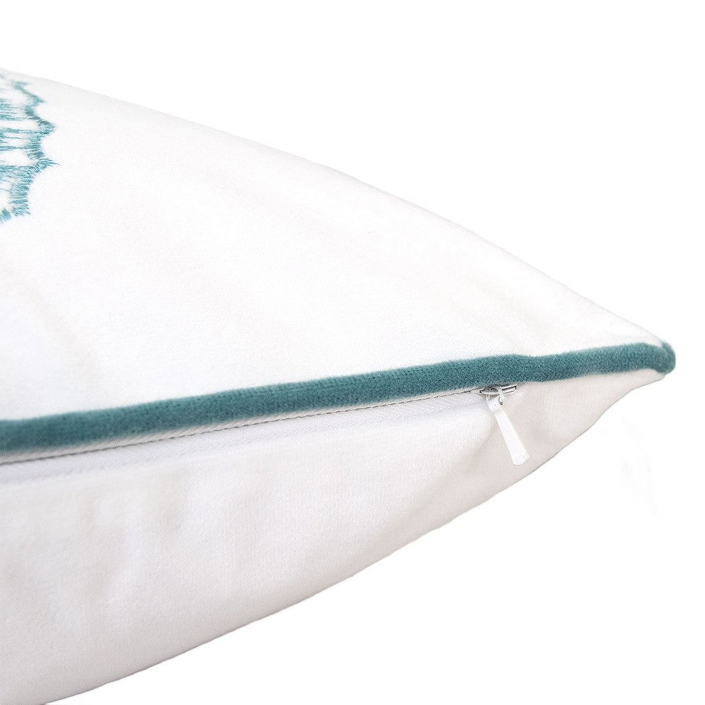 Meo Throw Pillow, Embroidered Seahorse, White Blue Velvet