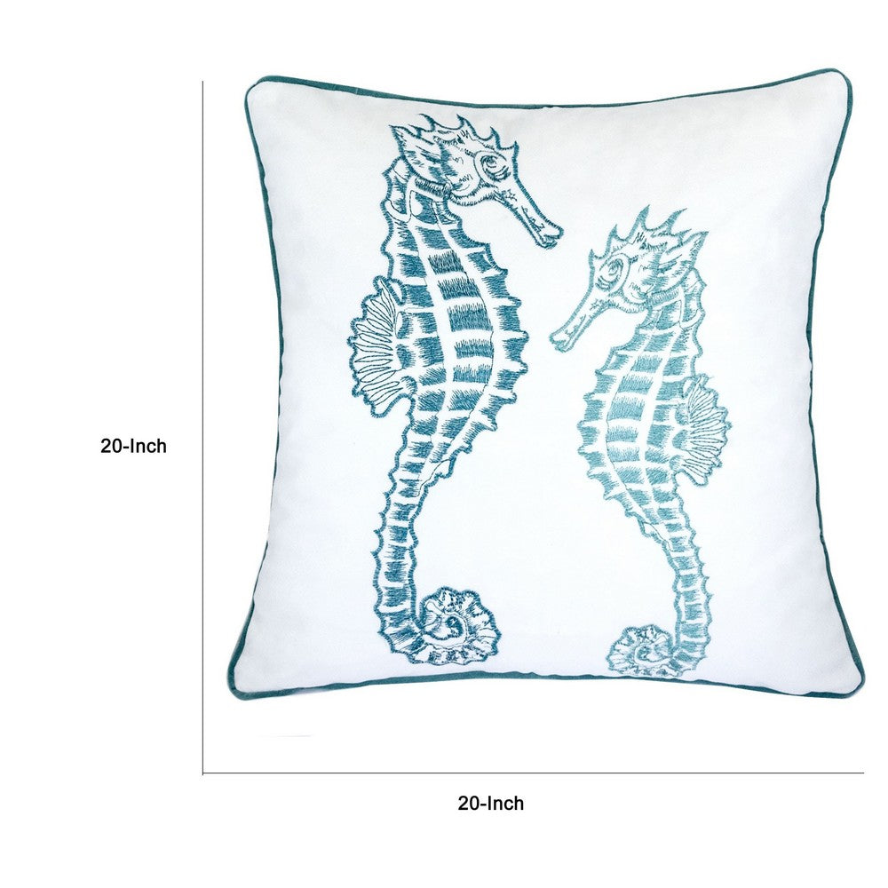 Meo Throw Pillow, Embroidered Seahorse, White Blue Velvet