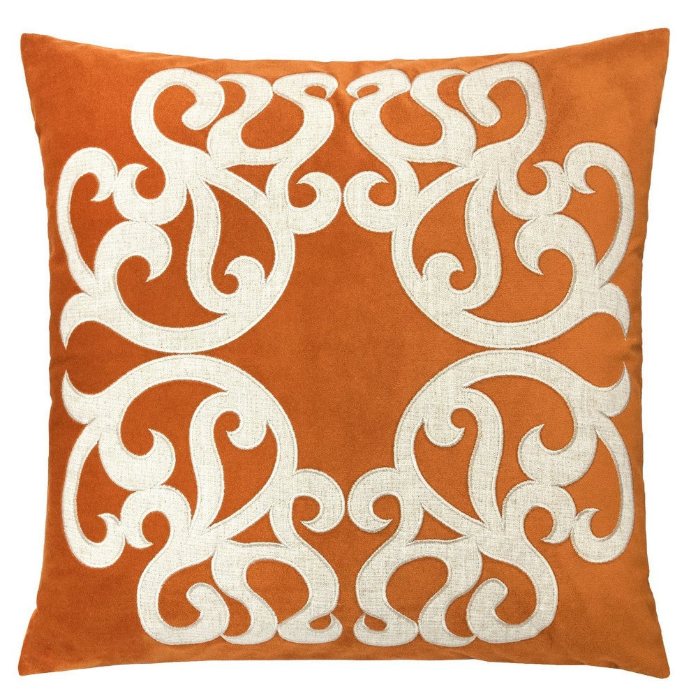 Dery Throw Pillow, Vintage Vine Accented Orange Velvet, 20 Inch Square