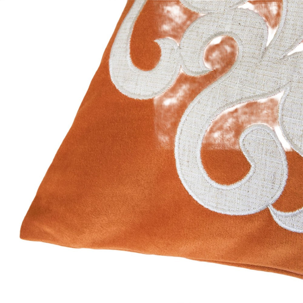 Dery Throw Pillow, Vintage Vine Accented Orange Velvet, 20 Inch Square