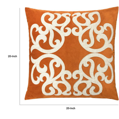 Dery Throw Pillow, Vintage Vine Accented Orange Velvet, 20 Inch Square