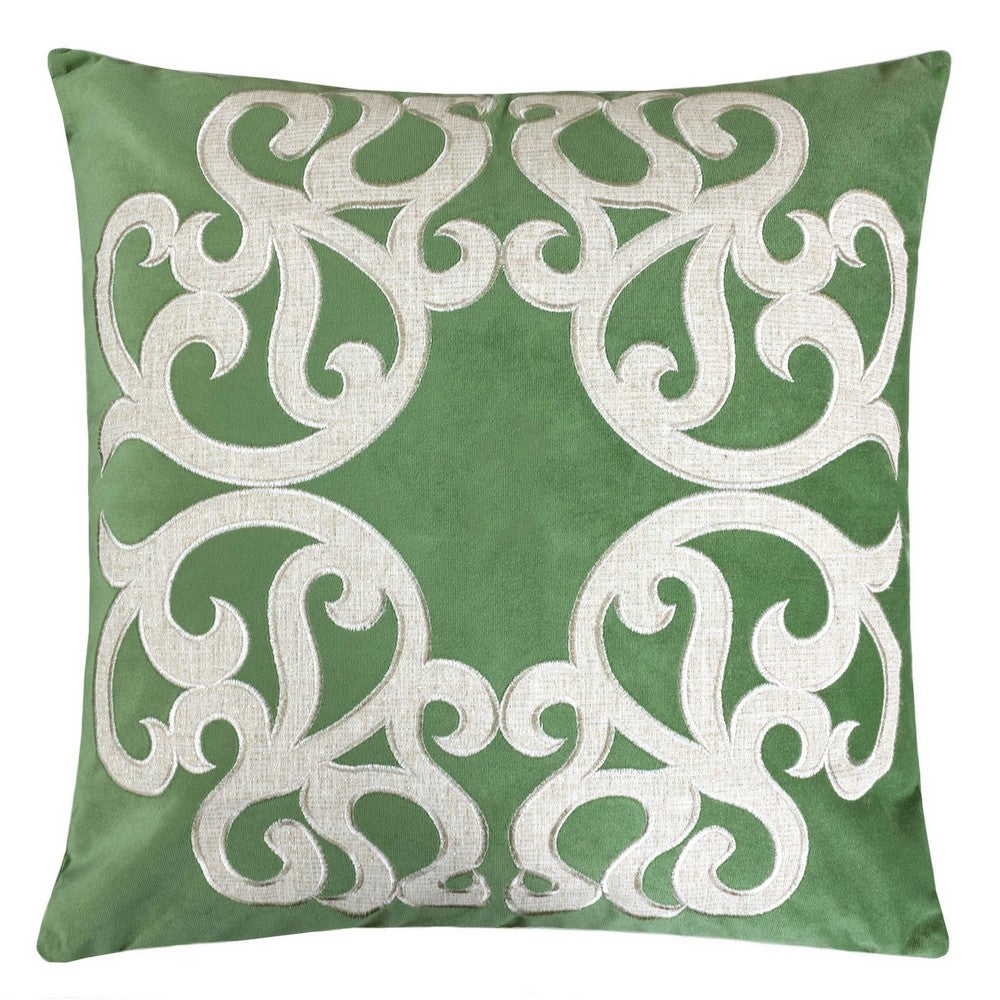 Dery Throw Pillow, Vintage Vine Accented Green Velvet, 20 Inch Square