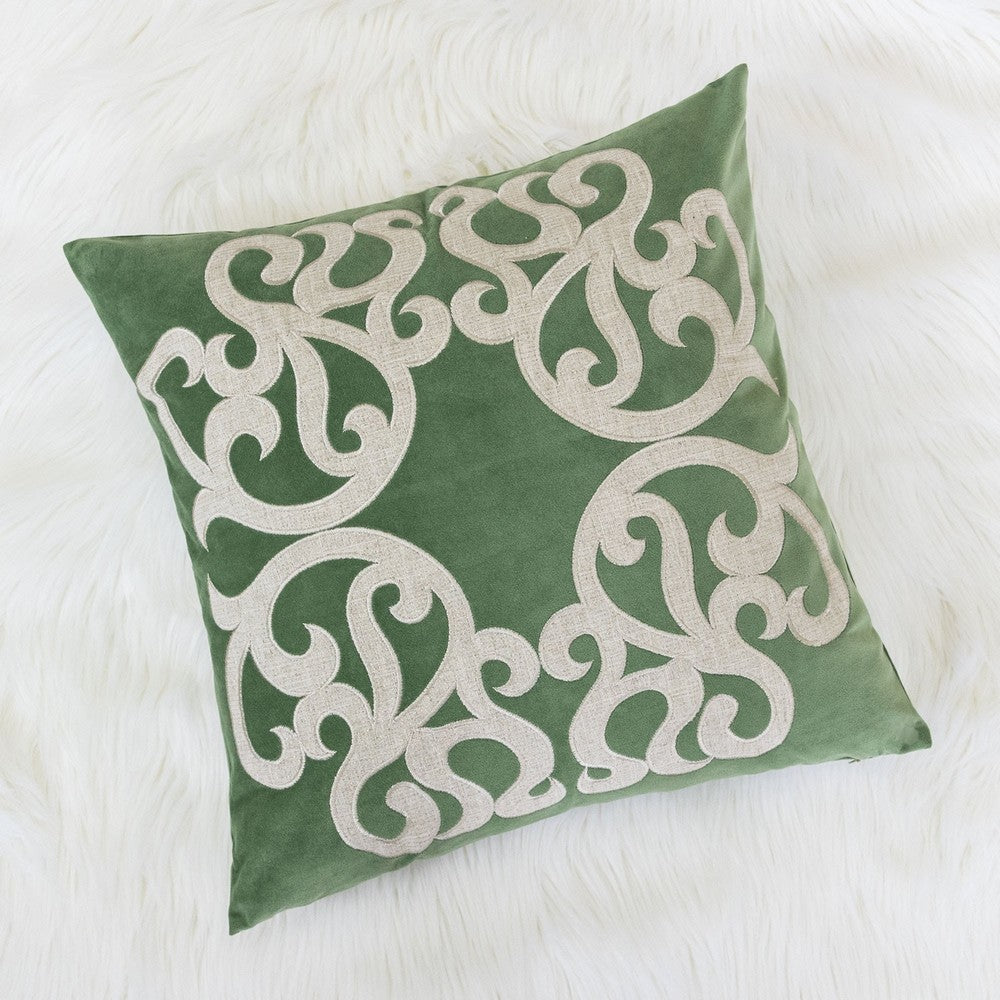Dery Throw Pillow, Vintage Vine Accented Green Velvet, 20 Inch Square
