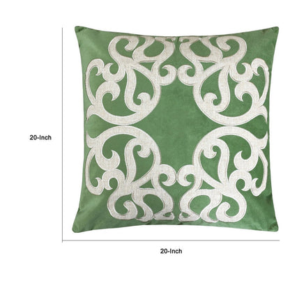 Dery Throw Pillow, Vintage Vine Accented Green Velvet, 20 Inch Square