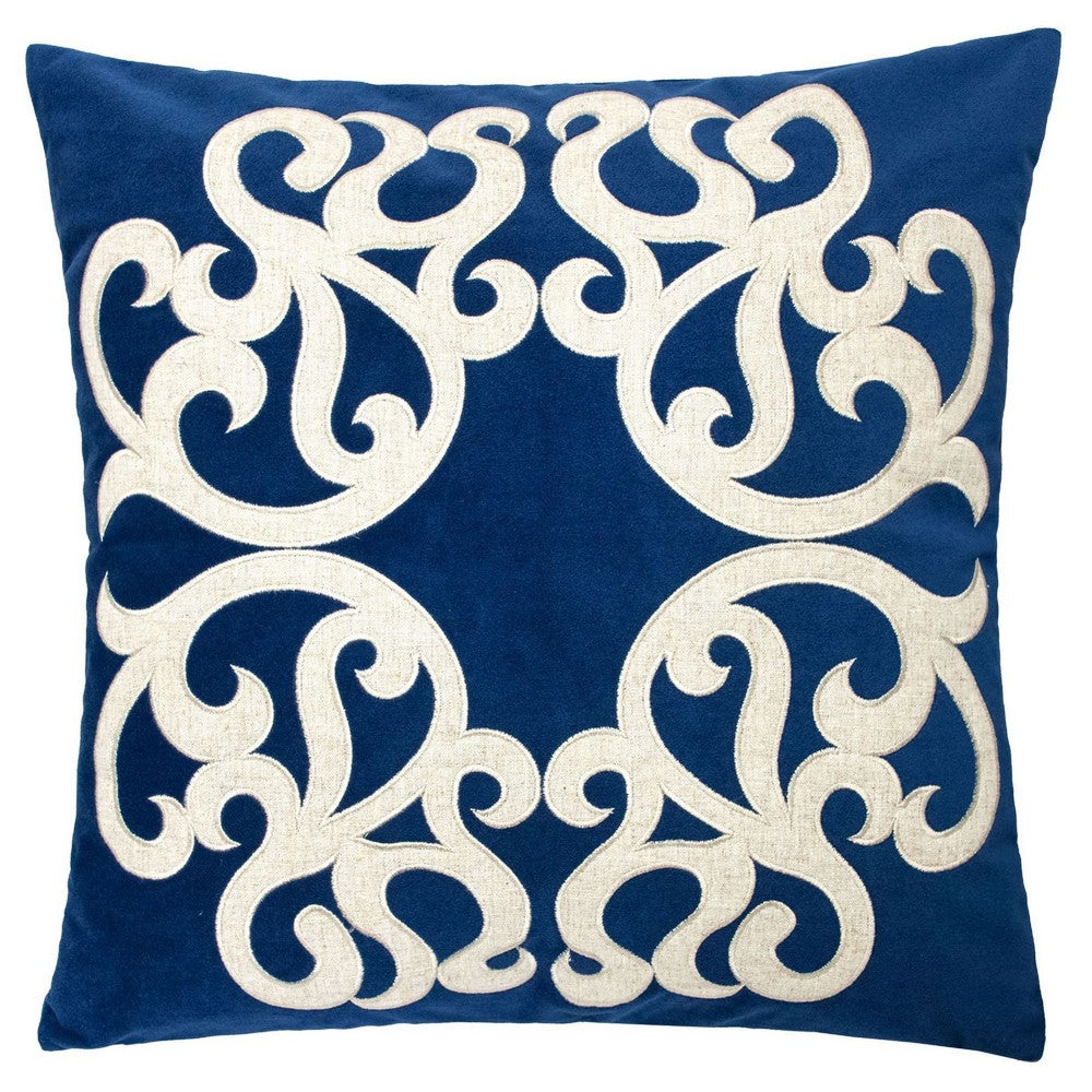 Dery Throw Pillow, Vintage Vine Accented Indigo Velvet, 20 Inch Square