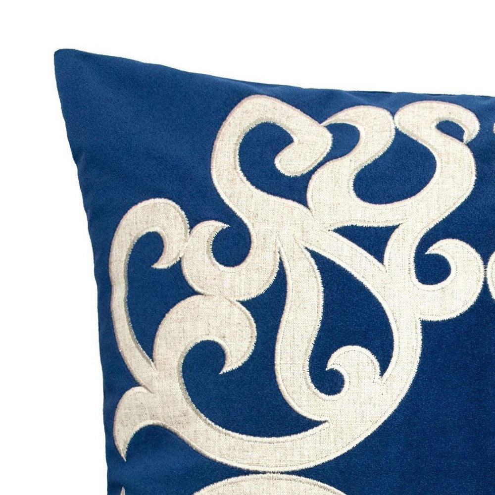 Dery Throw Pillow, Vintage Vine Accented Indigo Velvet, 20 Inch Square