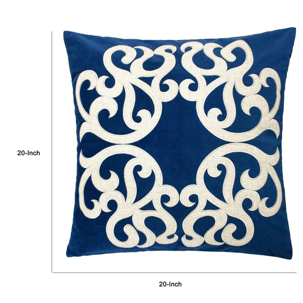 Dery Throw Pillow, Vintage Vine Accented Indigo Velvet, 20 Inch Square