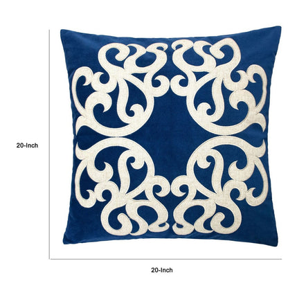 Dery Throw Pillow, Vintage Vine Accented Indigo Velvet, 20 Inch Square