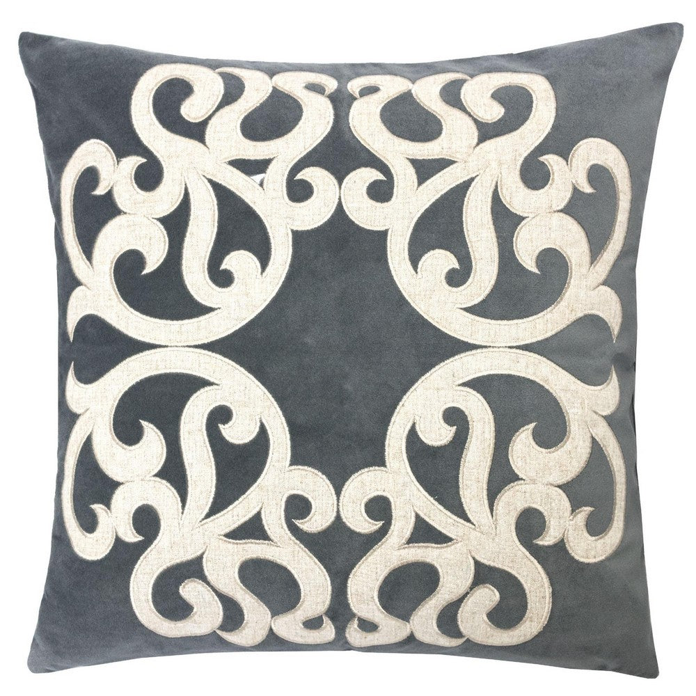 Dery Throw Pillow, Vintage Vine Accented Gray Velvet, 20 Inch Square