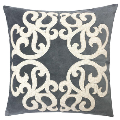 Dery Throw Pillow, Vintage Vine Accented Gray Velvet, 20 Inch Square