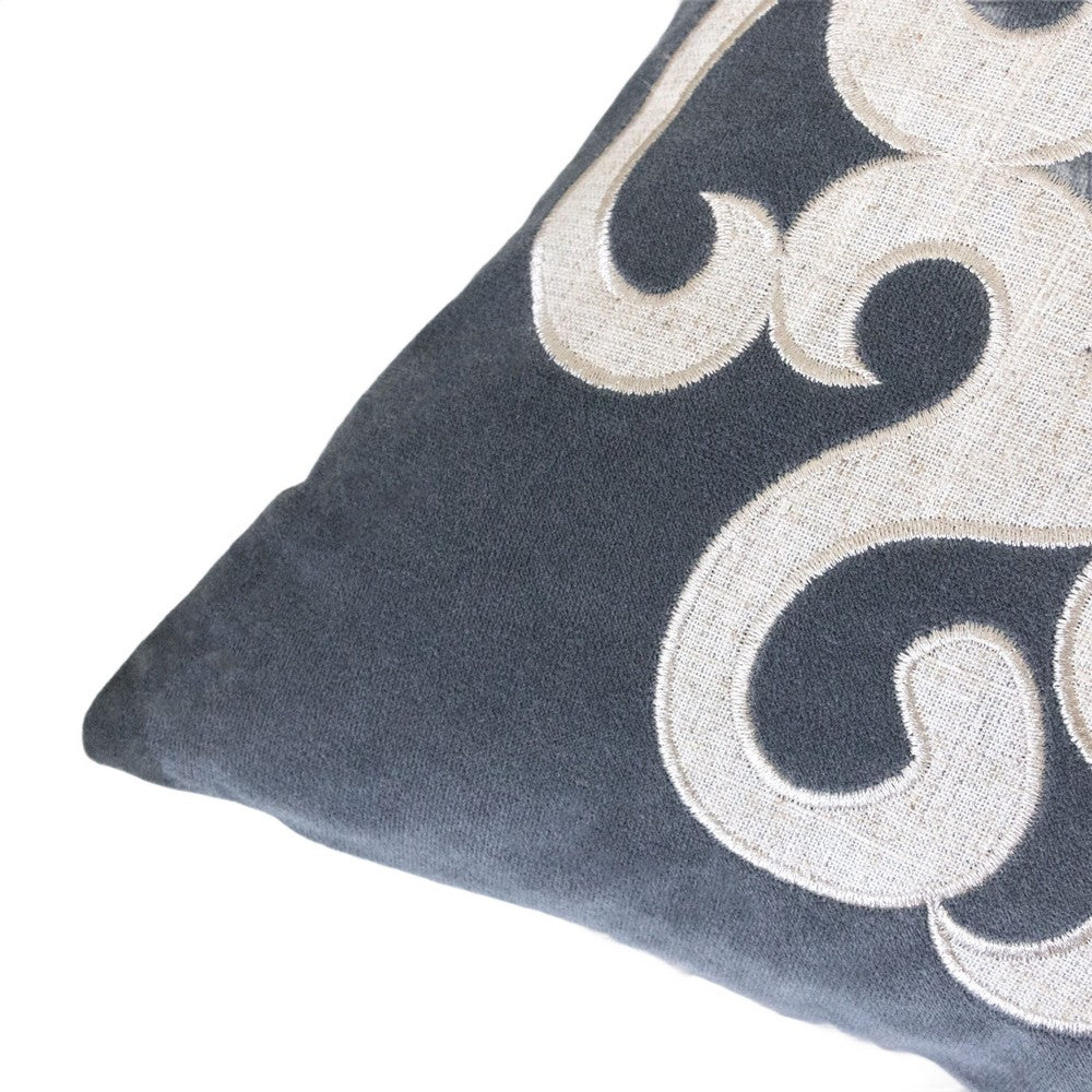 Dery Throw Pillow, Vintage Vine Accented Gray Velvet, 20 Inch Square