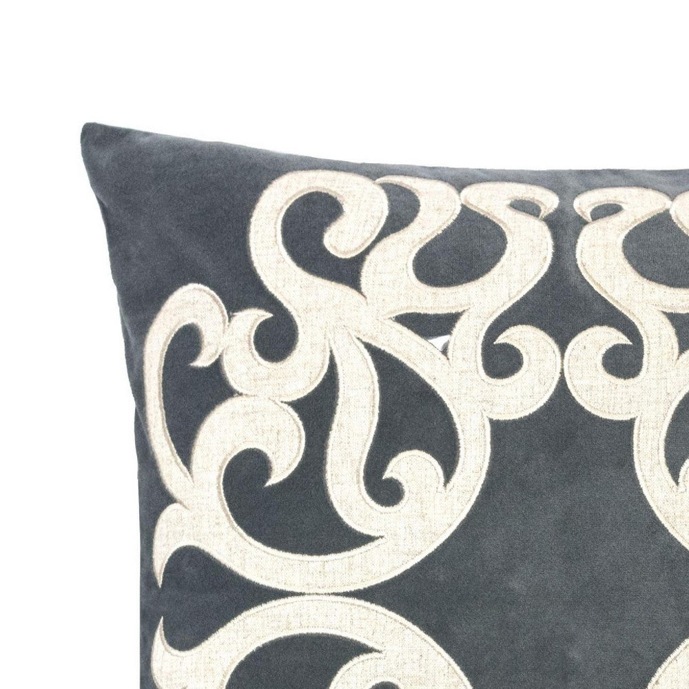 Dery Throw Pillow, Vintage Vine Accented Gray Velvet, 20 Inch Square