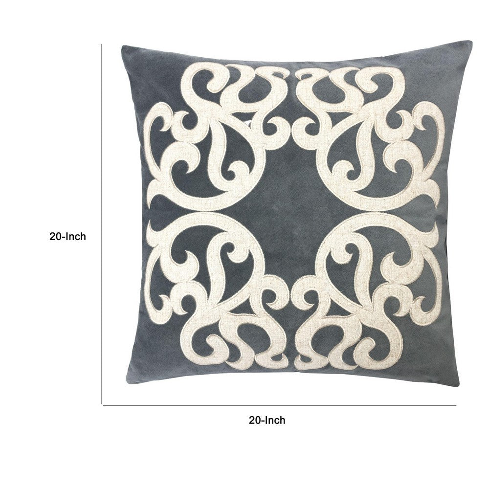 Dery Throw Pillow, Vintage Vine Accented Gray Velvet, 20 Inch Square