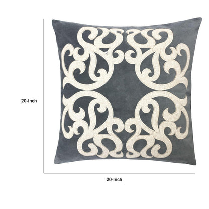 Dery Throw Pillow, Vintage Vine Accented Gray Velvet, 20 Inch Square