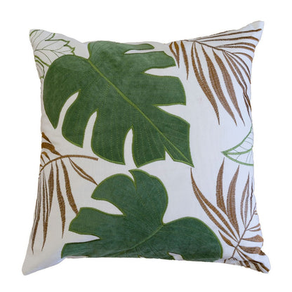 Lefy Accent Pillow, Green Autumn Leaf Design White Velvet