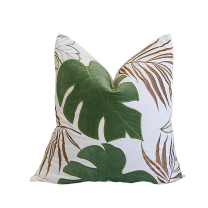Lefy Accent Pillow, Green Autumn Leaf Design White Velvet