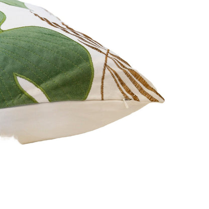Lefy Accent Pillow, Green Autumn Leaf Design White Velvet