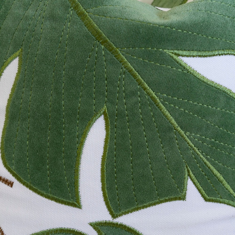 Lefy Accent Pillow, Green Autumn Leaf Design White Velvet