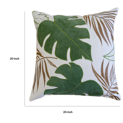 Lefy Accent Pillow, Green Autumn Leaf Design White Velvet