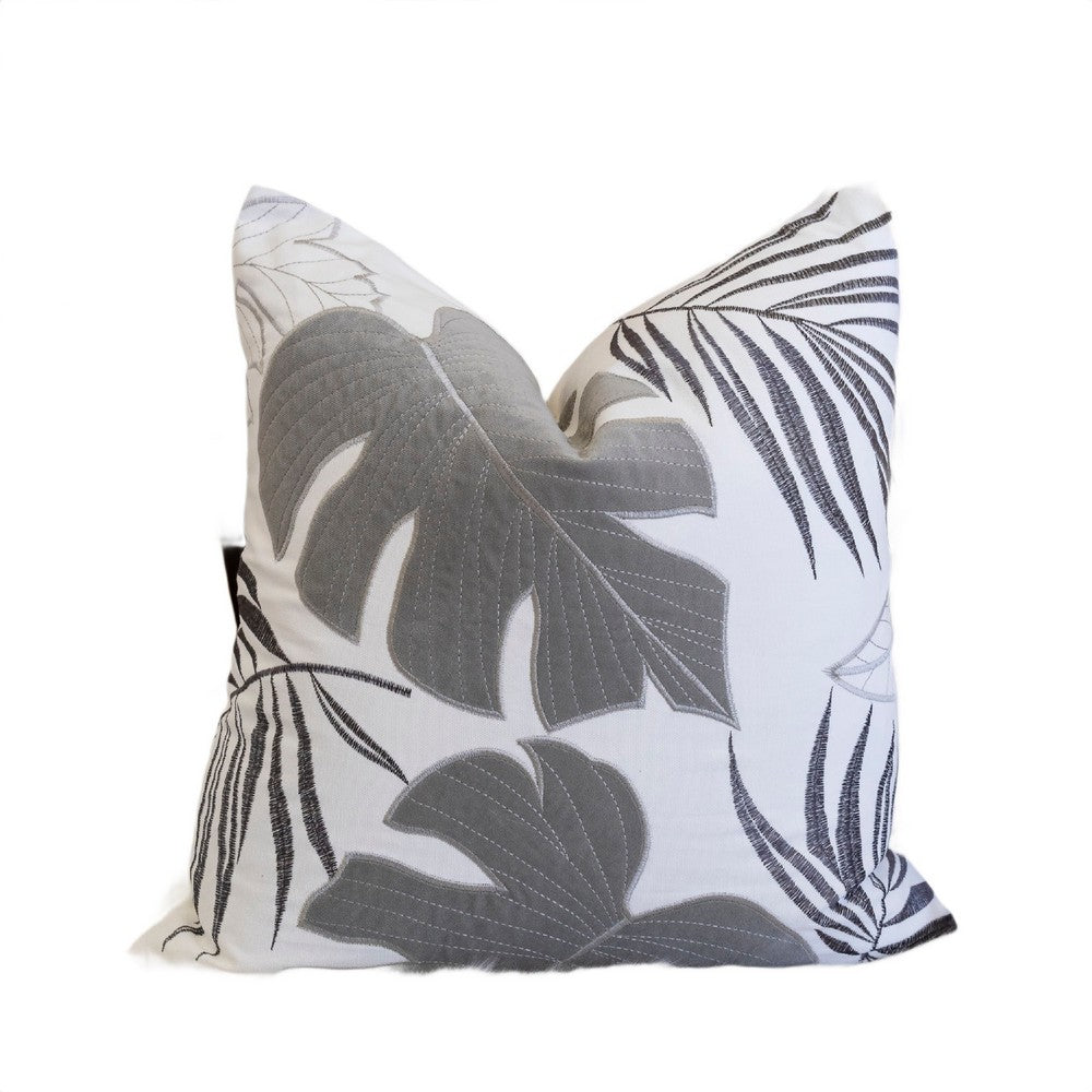 Lefy Accent Pillow, Gray Autumn Leaf Design on White Velvet