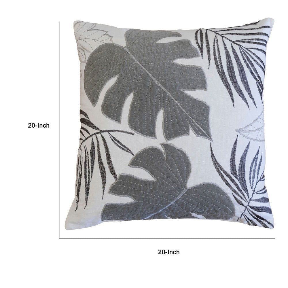 Lefy Accent Pillow, Gray Autumn Leaf Design on White Velvet
