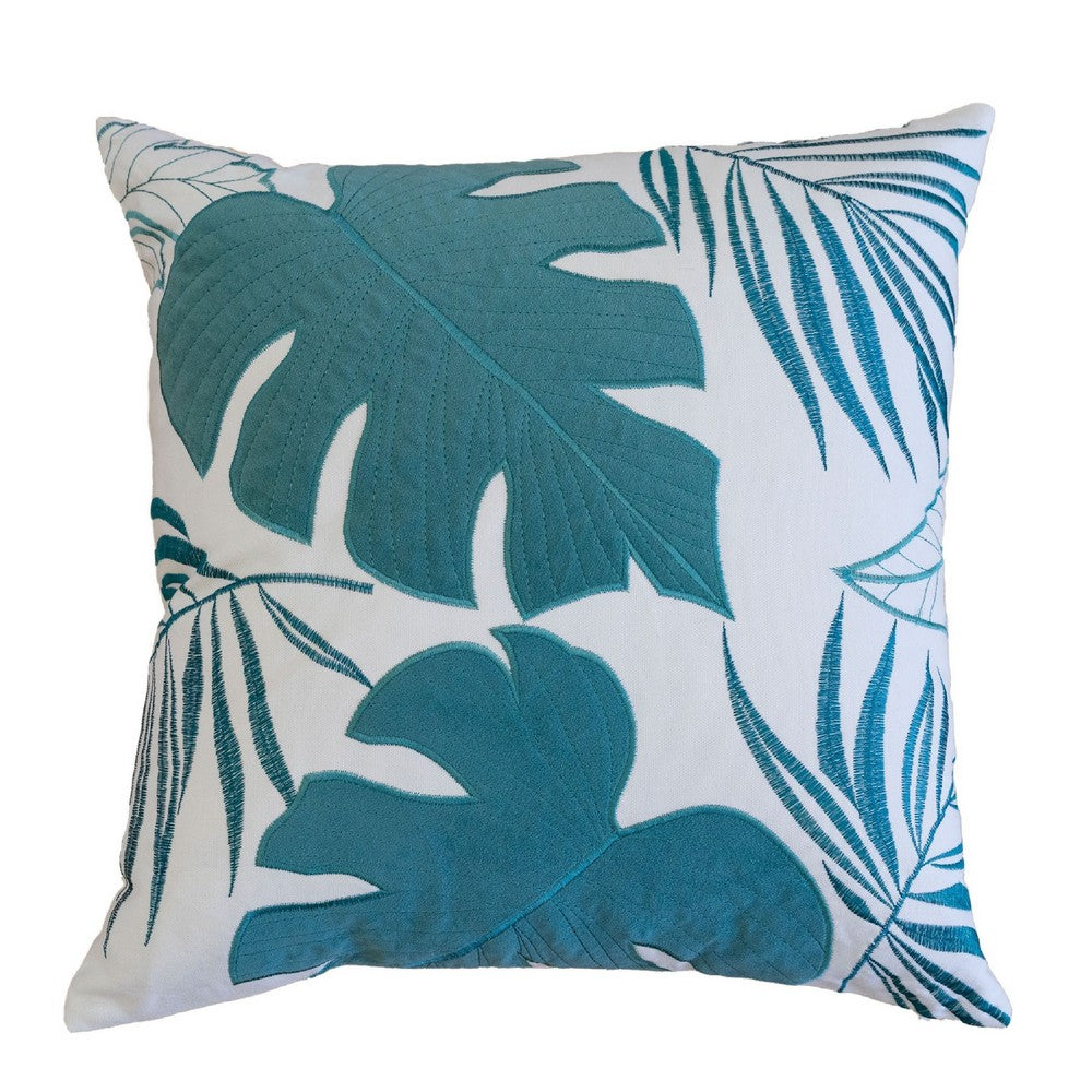 Lefy Accent Pillow, Blue Autumn Leaf Design on White Velvet