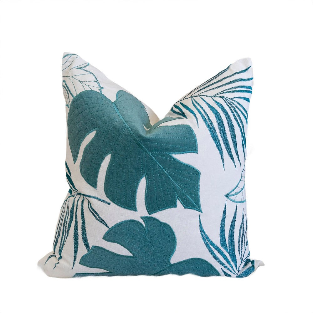 Lefy Accent Pillow, Blue Autumn Leaf Design on White Velvet