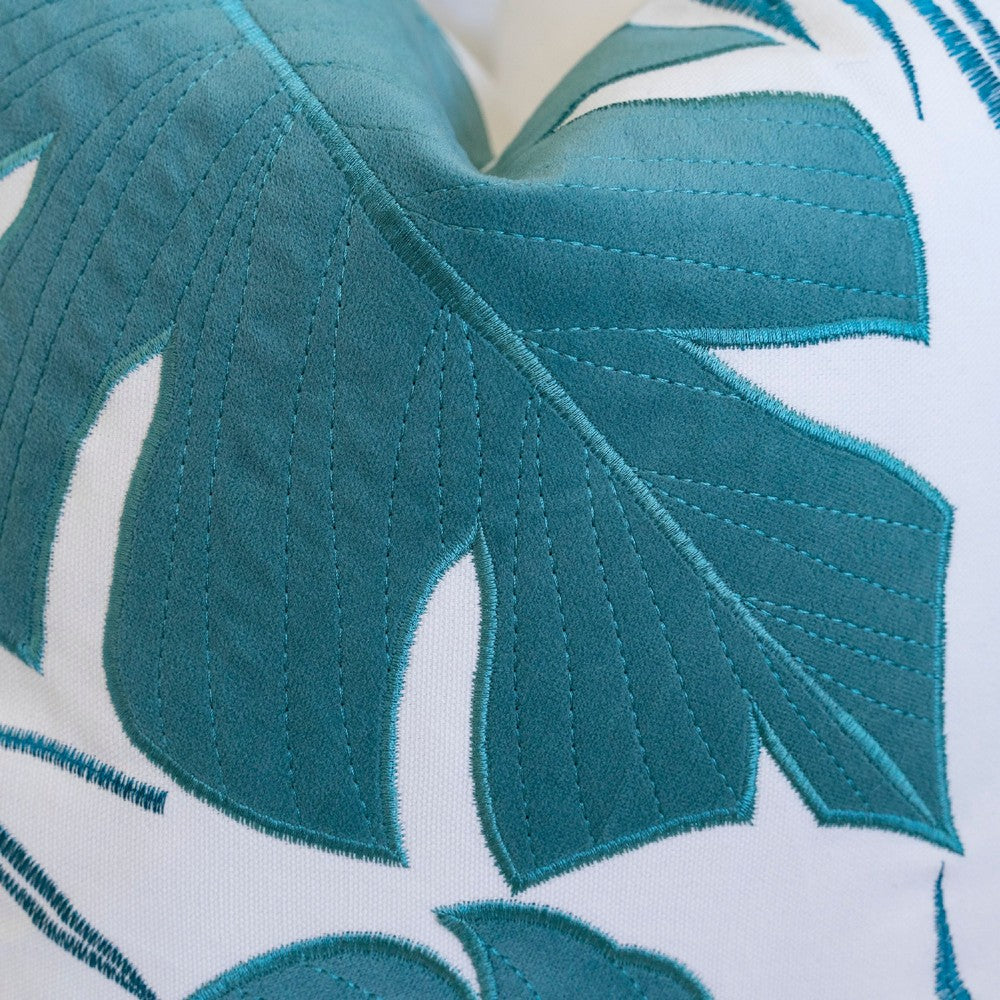 Lefy Accent Pillow, Blue Autumn Leaf Design on White Velvet