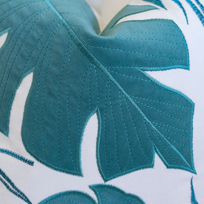 Lefy Accent Pillow, Blue Autumn Leaf Design on White Velvet