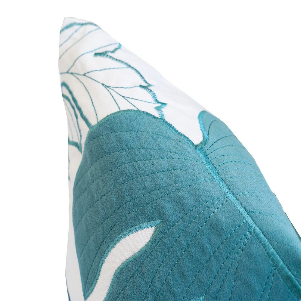 Lefy Accent Pillow, Blue Autumn Leaf Design on White Velvet
