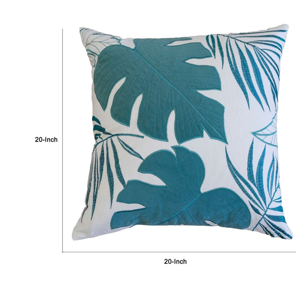 Lefy Accent Pillow, Blue Autumn Leaf Design on White Velvet