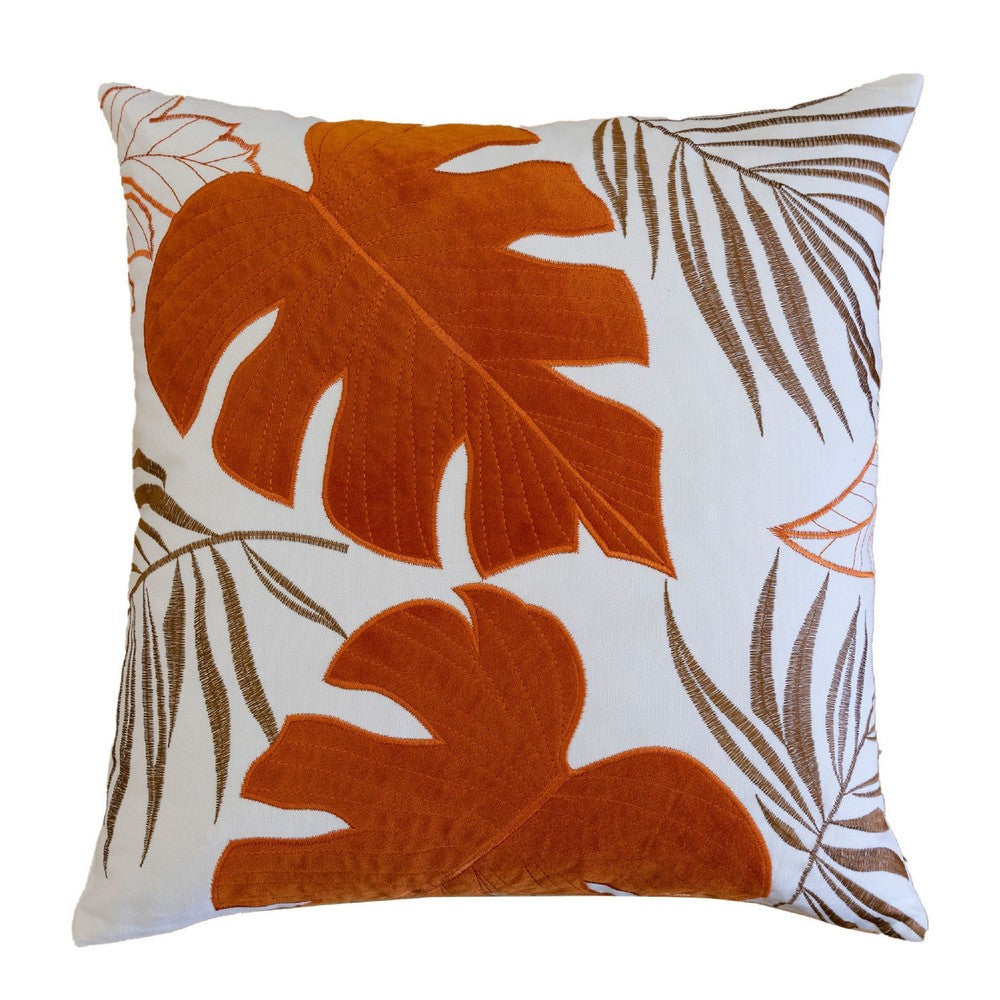 Lefy Accent Pillow, Orange Autumn Leaf Design on White Velvet