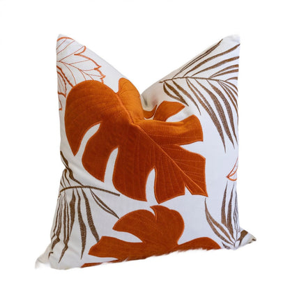Lefy Accent Pillow, Orange Autumn Leaf Design on White Velvet