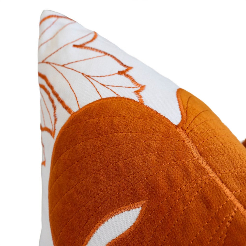 Lefy Accent Pillow, Orange Autumn Leaf Design on White Velvet