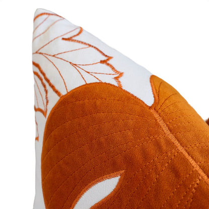 Lefy Accent Pillow, Orange Autumn Leaf Design on White Velvet