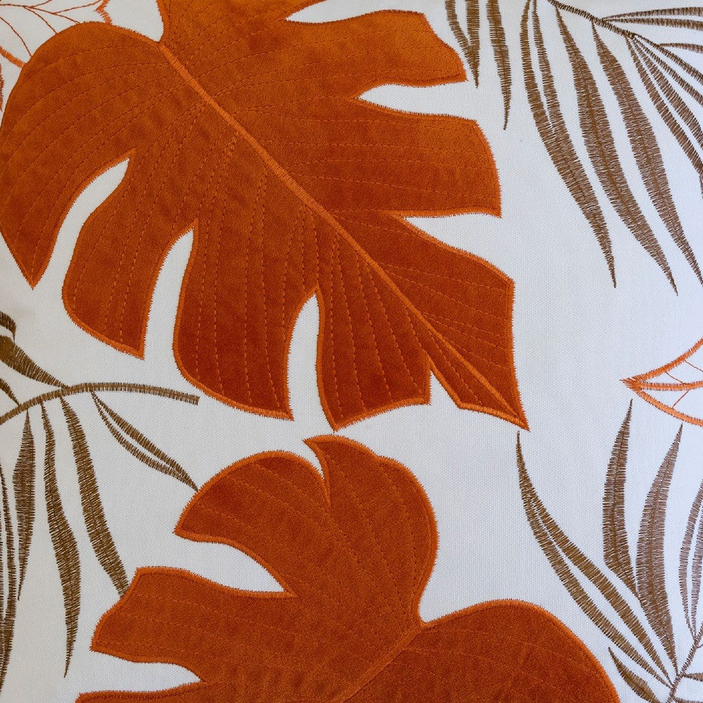 Lefy Accent Pillow, Orange Autumn Leaf Design on White Velvet