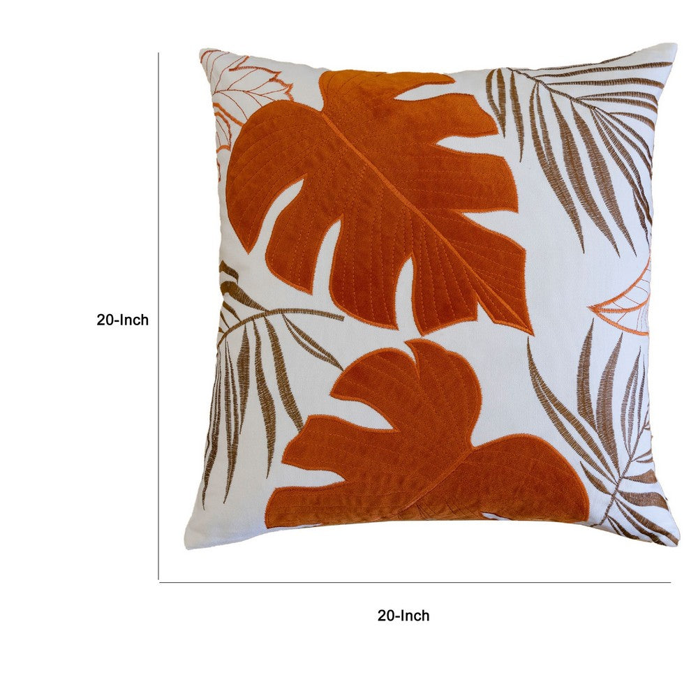 Lefy Accent Pillow, Orange Autumn Leaf Design on White Velvet