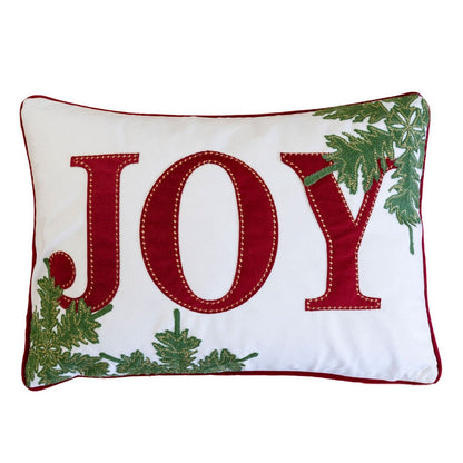 Christmas Lumbar Cushion, Red Joy and Green Leaves Velvet Accents