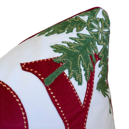 Christmas Lumbar Cushion, Red Joy and Green Leaves Velvet Accents