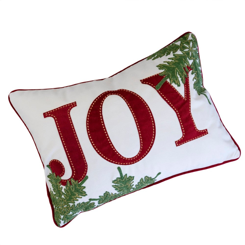 Christmas Lumbar Cushion, Red Joy and Green Leaves Velvet Accents