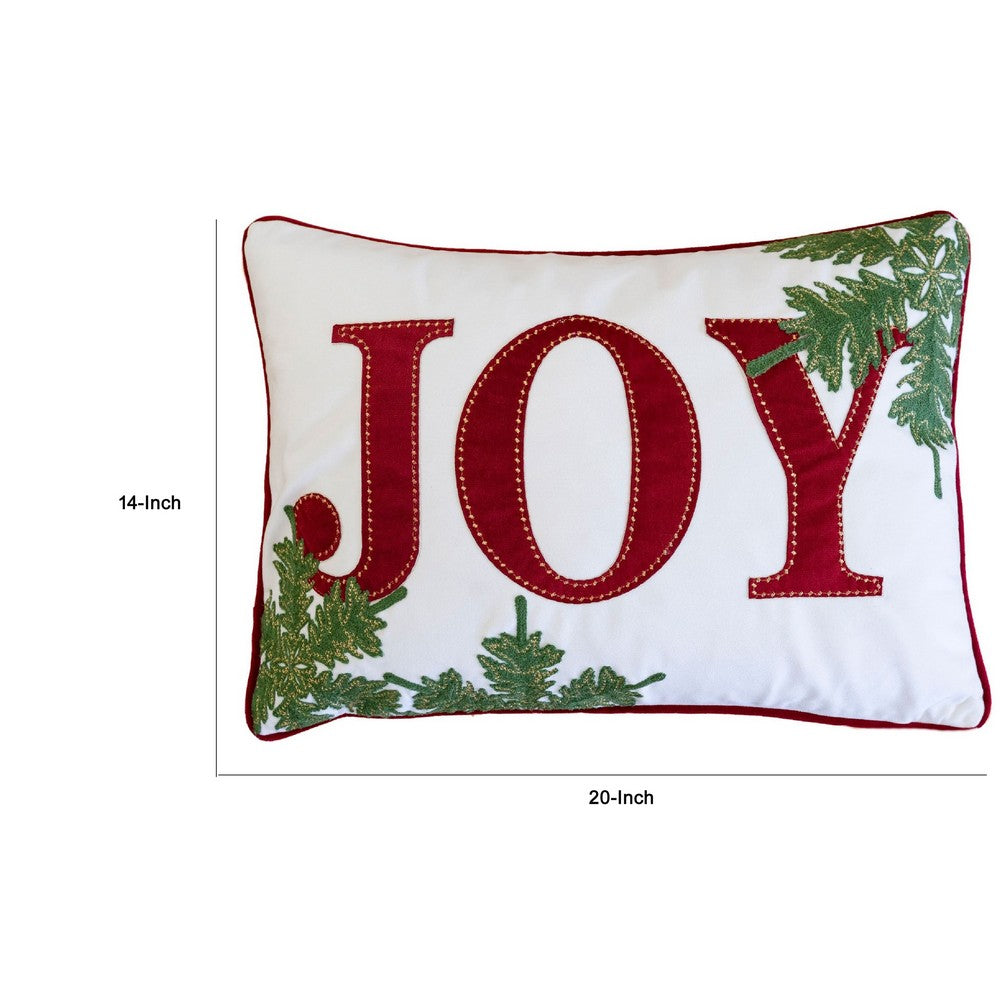 Christmas Lumbar Cushion, Red Joy and Green Leaves Velvet Accents