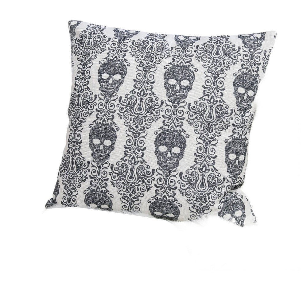 Ary Square Throw Pillow, Black and White Gothic Damask Skull Design