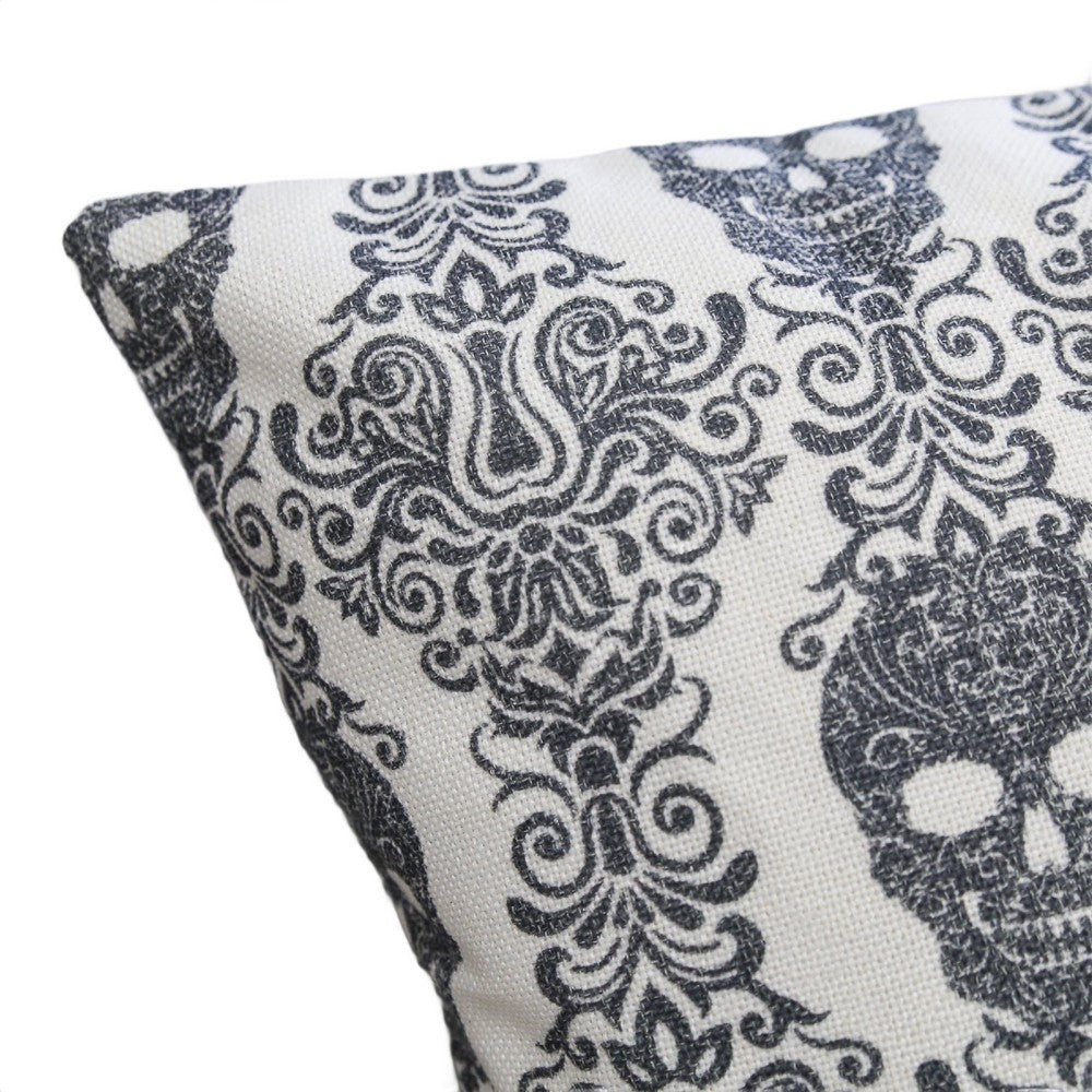Ary Square Throw Pillow, Black and White Gothic Damask Skull Design