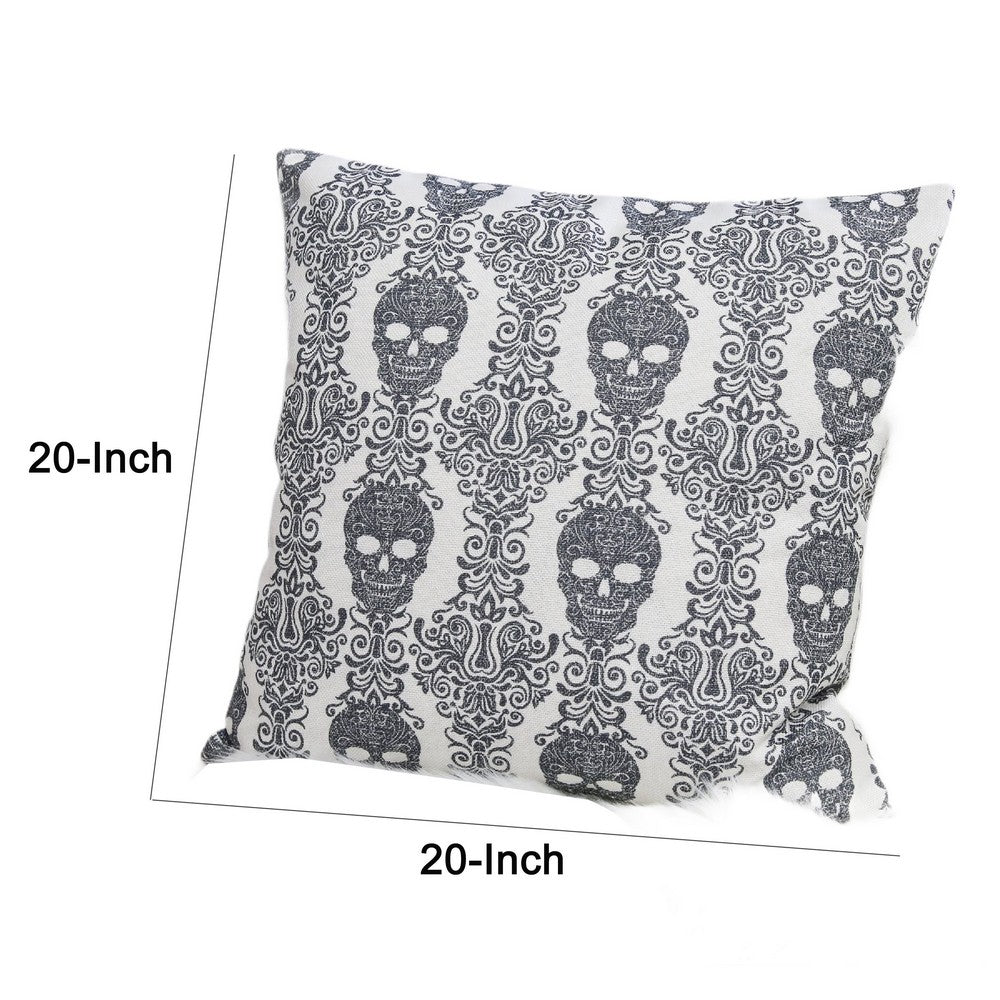 Ary Square Throw Pillow, Black and White Gothic Damask Skull Design