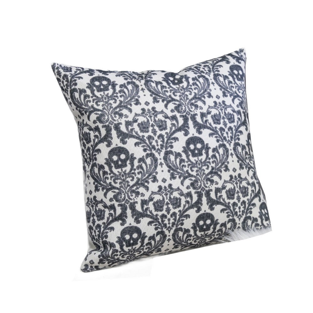 Ary Throw Pillow, Black and White Baroque Skull Design, 20 Inch Square