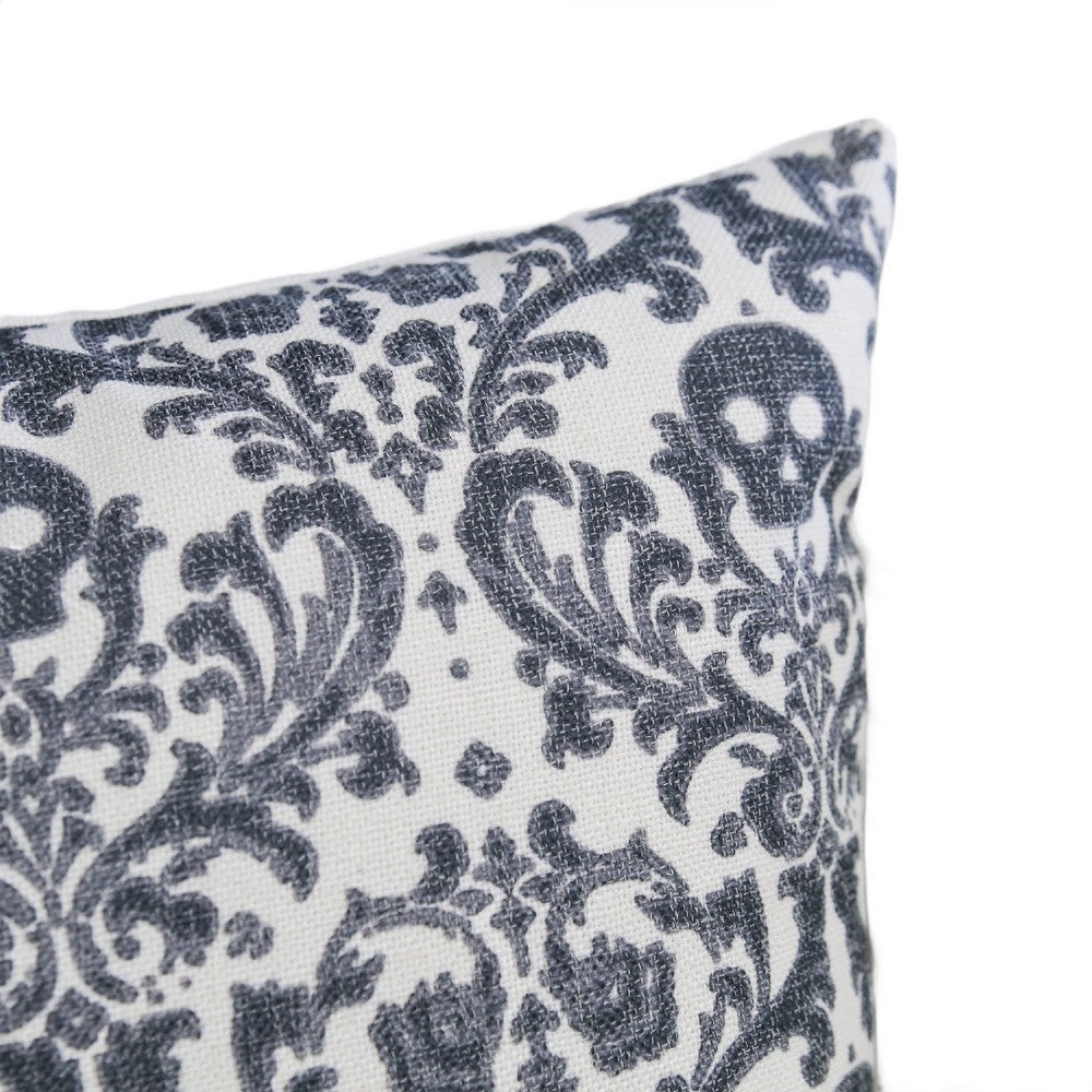 Ary Throw Pillow, Black and White Baroque Skull Design, 20 Inch Square