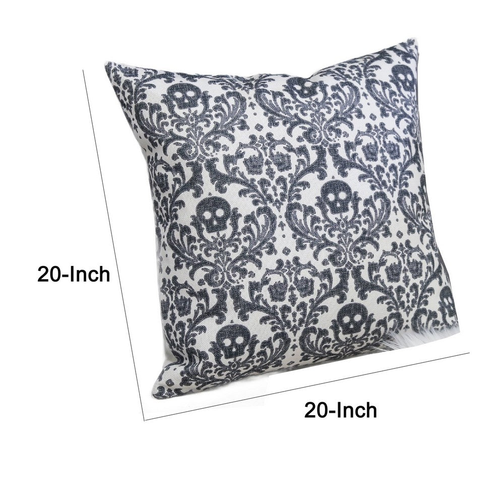 Ary Throw Pillow, Black and White Baroque Skull Design, 20 Inch Square