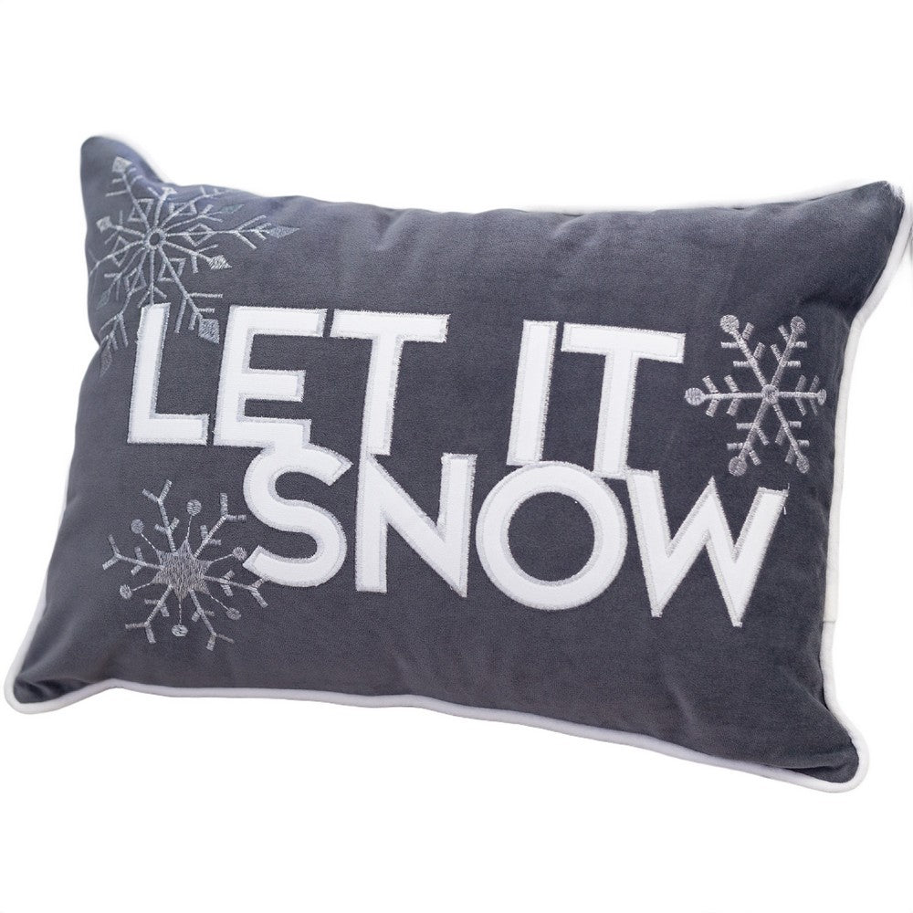 Jiny Dark Lumbar Pillow, Let It Snow White Velvet Embroidery 14x20
